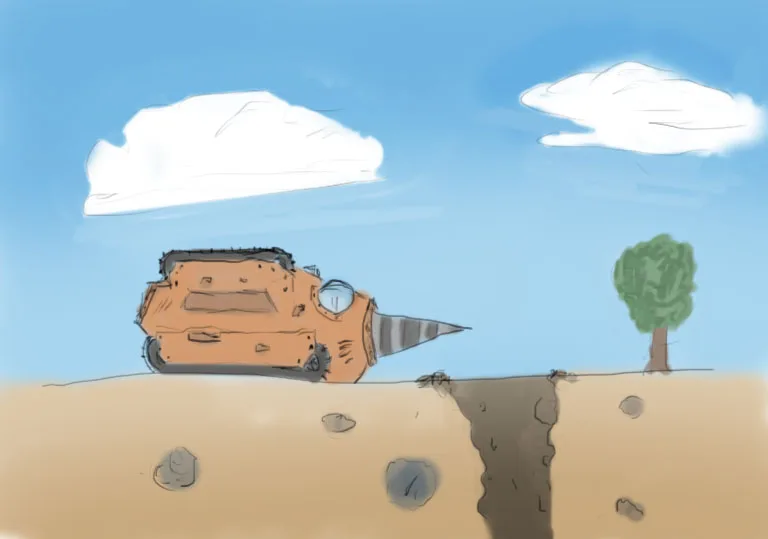 Concept art for DiggR showing a cartoon-style drilling vehicle positioned above a vertical shaft in the ground, with blue sky and clouds in the background