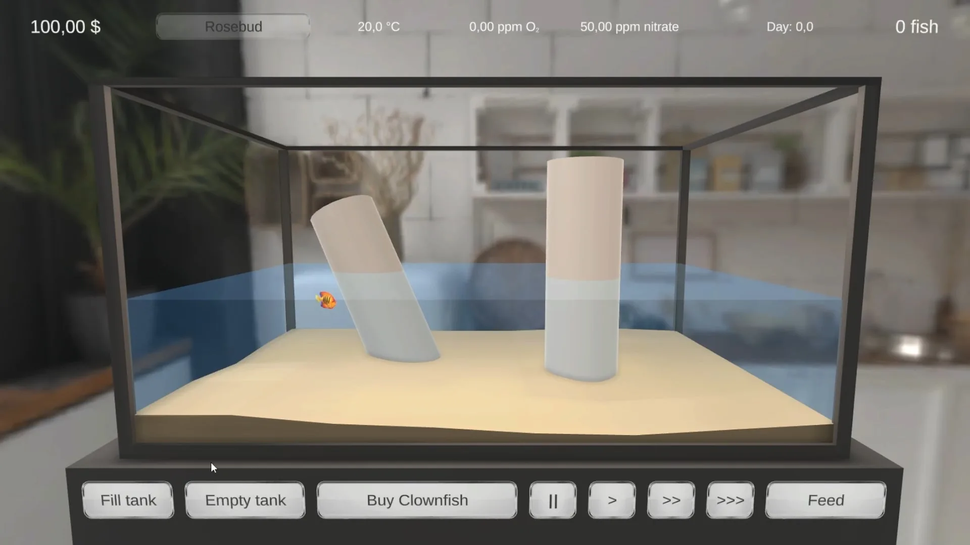 Screenshot from Fishtank Simulator showing an empty aquarium partly filled with water, two tilted placeholders, and UI controls for filling the tank, emptying it, and buying fish
