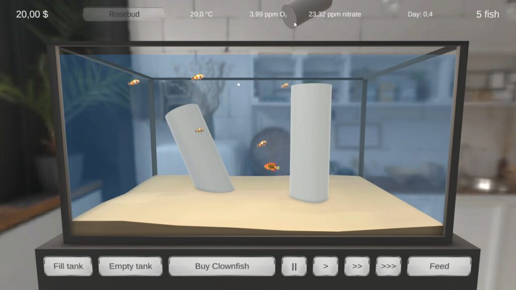 Screenshot from Fishtank Simulator showing a glass aquarium with clownfish swimming around two white placeholders, with tank stats and control buttons displayed along the bottom